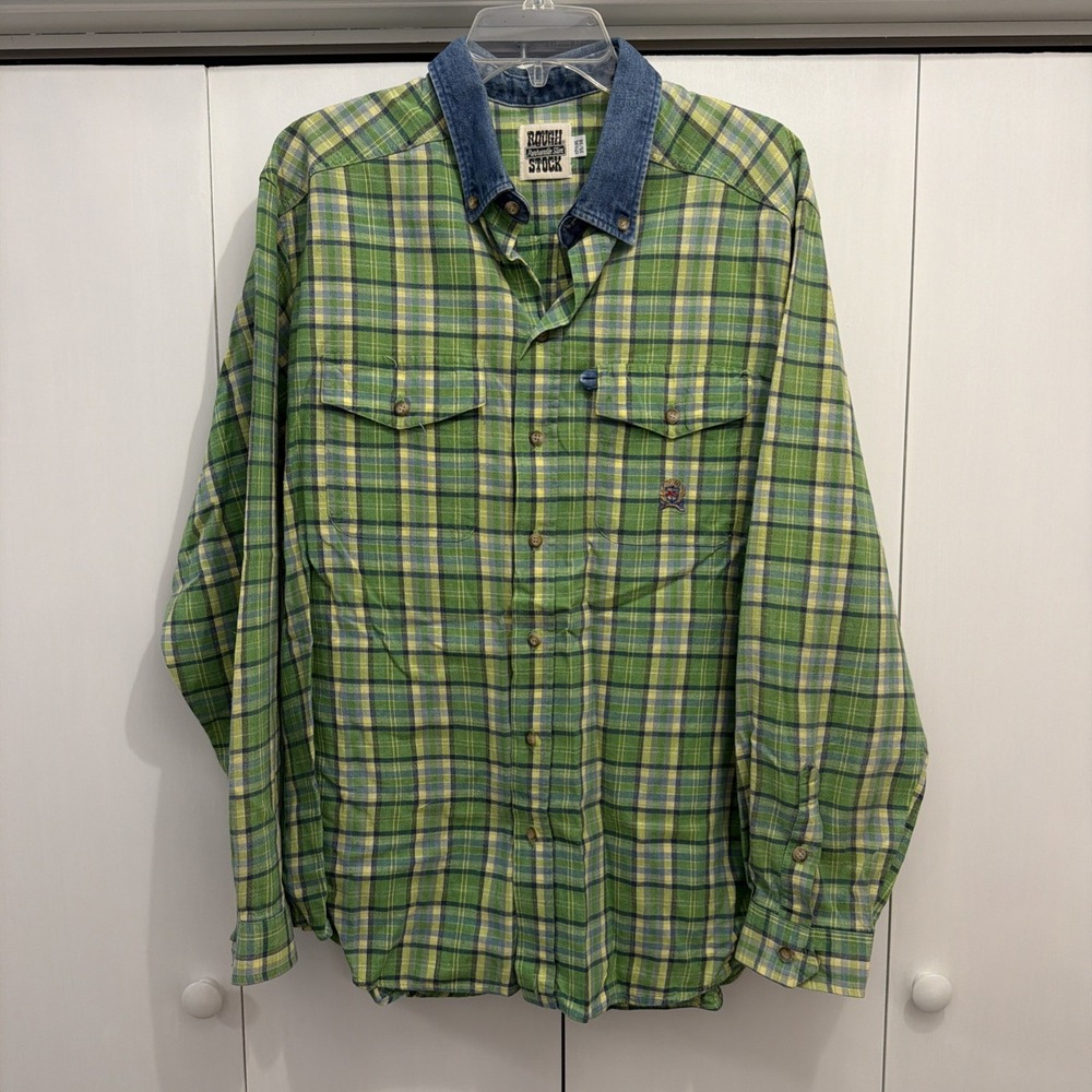 VTG Panhandle Slim Rough Stock GREEN PLAID Western Shirt Men's Sz 17.5 XL, 35/36
